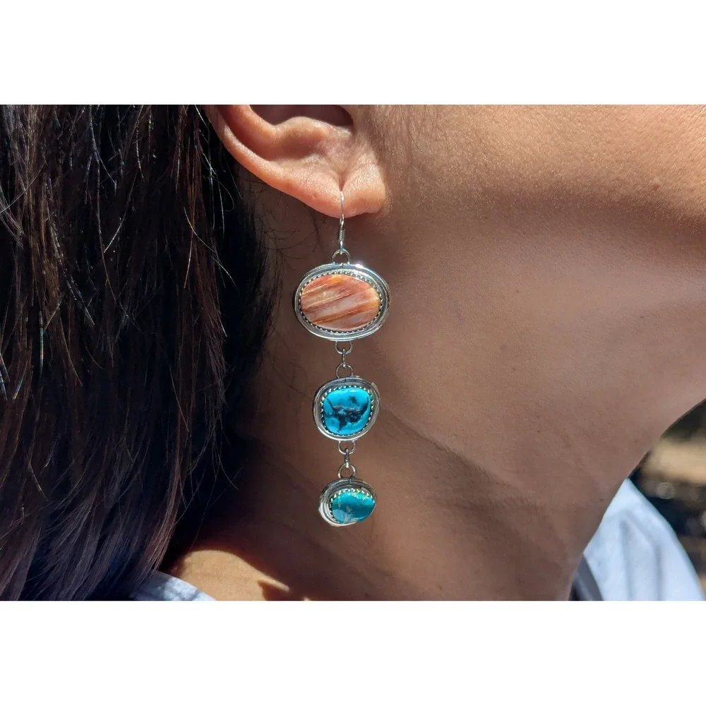 Navajo 3 Stones Drop Dangle Earrings Sterling Silver Handmade Turq‎ Jewelry **